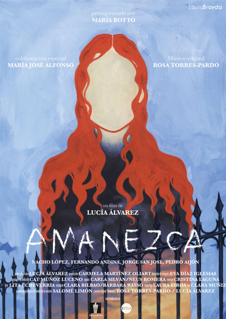 Ilustración realizada por la ilustradora y artista plástica Laura Brayda para el cartel del cortometraje español Amanezca. En la ilustración se la figura de una mujer sin rostro, con una melena larga y ondulada de color rojo que cae con ondas por sus hombros. Dentro de la mujer hay un atardecer, mientras fuera un cielo azul. La ilustración está realizada en gouache.