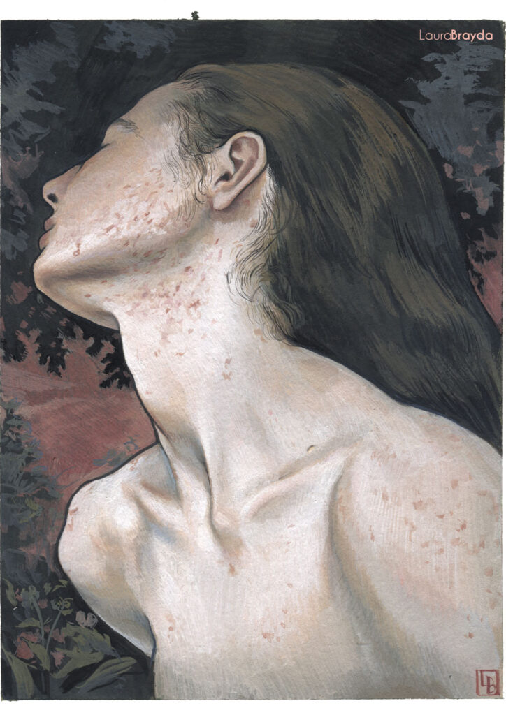 Ilustración realizada en témpera por la artista Laura Brayda. La ilustración muestra el cuello de una mujer con el rostro girado, que apenas se ve. Tiene marcas de acné en el cuello. Hay un paisaje en tonos rosas oscuros y verdes en el fondo. Pintura realizada en gouache.