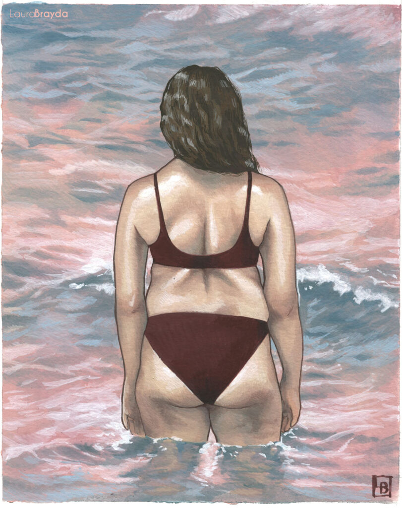 Ilustración/pintura realizada en témpera/gouache por la artista Laura Brayda. La ilustración muestra a una mujer de espaldas en el mar, con el agua hasta los muslos. En el mar se ven pequeñas olas de color rosa y azul.