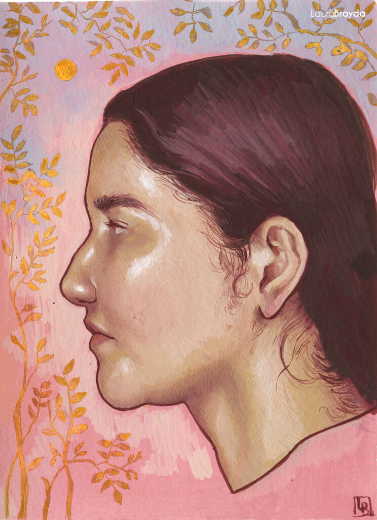 Ilustración/ pintura realizada en témpera/gouache por la ilustradora y artista plástica Laura Brayda. En la ilustración se el retrato de una mujer de perfil, con un fondo rosa con hojas y flores doradas.