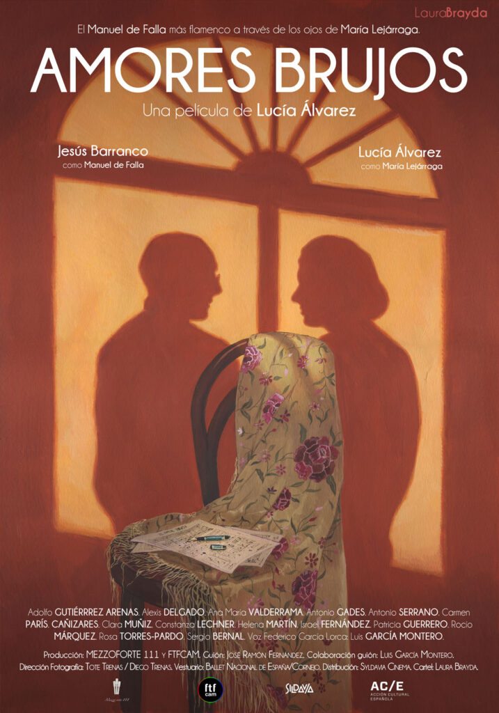 Ilustración realizada por la ilustradora y artista plástica Laura Brayda para el cartel del largometraje documental español Amores Brujos. En la ilustración se ven las sombras de Manuel de Falla y María de la O Lejárraga sobre la luz de un ventanal con una silla con un mantón de manila y unas partituras en primer plano. La ilustración está realizada en gouache.