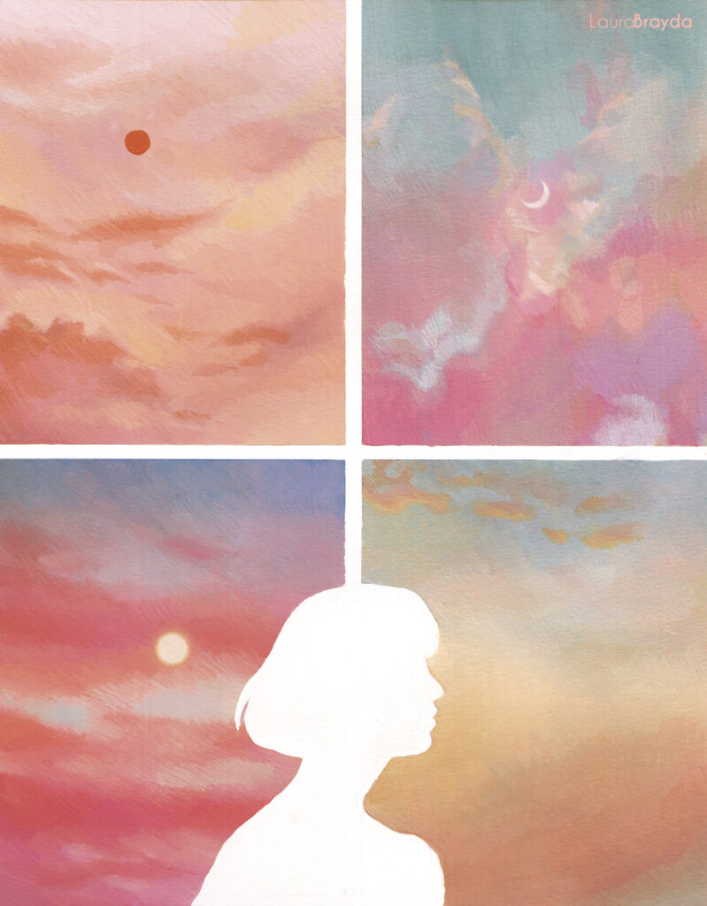 Ilustración editorial realizada en témpera por la artista Laura Brayda para la revista Salvaje acompañando un artículo de la periodista Aanabel Vazquez llamado Detesto los atardecer. La ilustración consiste en la silueta en blanco de una mujer sobre una ventana de cuatro cristales. En cada cristal, se ve un atardecer diferente en tonos dorados, rosas, violetas y naranjas. Pintura de atardecer.