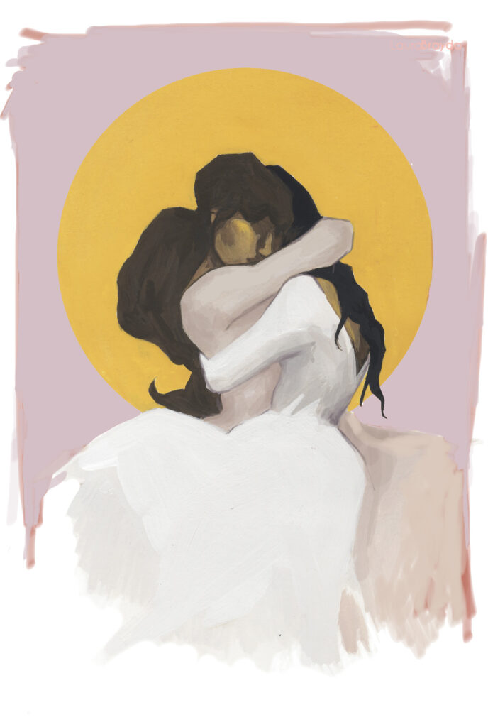 Ilustración editorial realizada por la ilustradora y artista plástica Laura Brayda para la revista Contxto. En la ilustración se ve a dos mujeres abrazadas sobre un circulo amarillo. La ilustración está realizada en gouache.