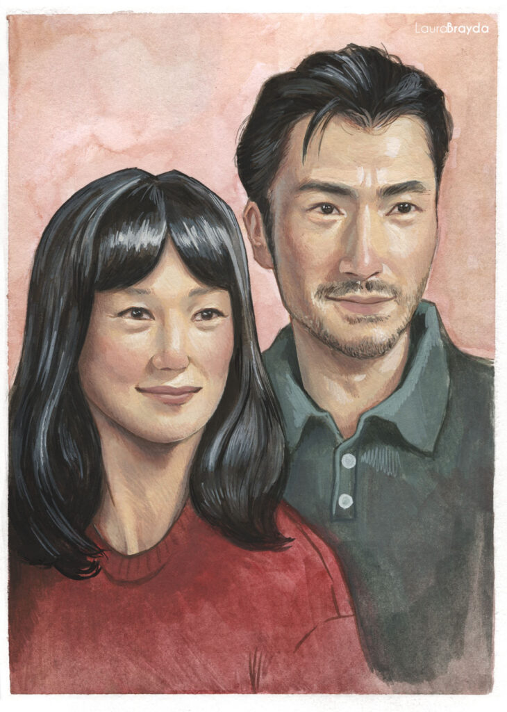 Retrato ilustrado de una pareja realizado en técnica tradicional