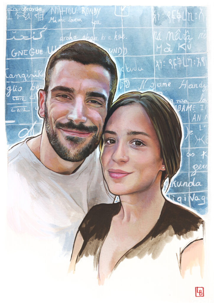 Retrato ilustrado de una pareja basado en una fotografía realizado en técnica tradicional