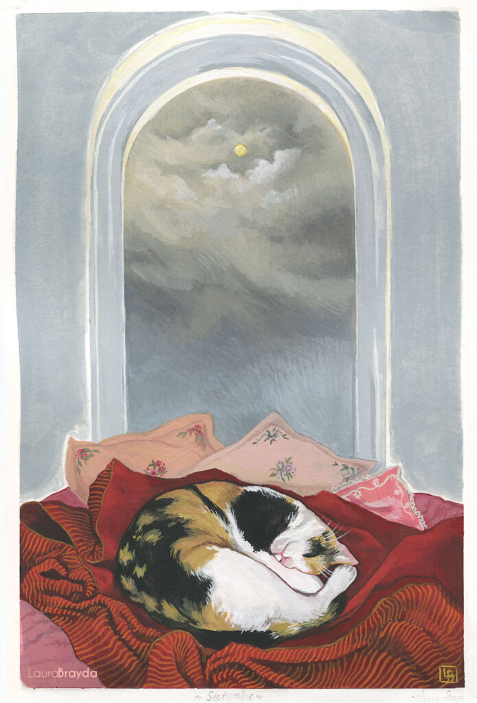 Ilustración pintura realizada en témpera por la artista Laura Brayda. La ilustración consiste en un gato durmiendo sobre una cama de mantas y cojines rosas y rojos de diferentes estampados, a los pies de un ventanal en el que se ve un cielo gris.
