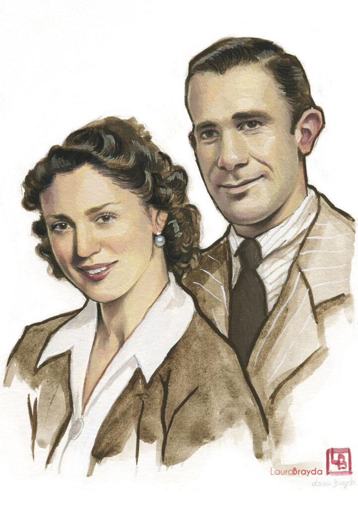 Retrato ilustrado de una pareja basado en una fotografía antigua realizado en técnica tradicional