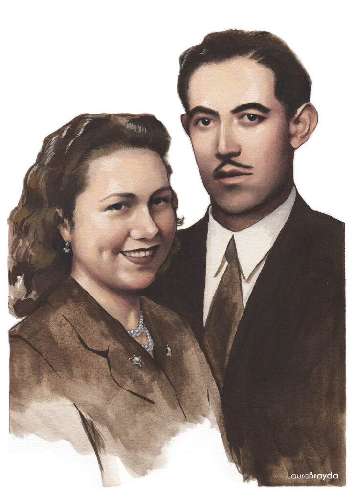 Retrato ilustrado de una pareja basado en una fotografía antigua realizado en técnica tradicional