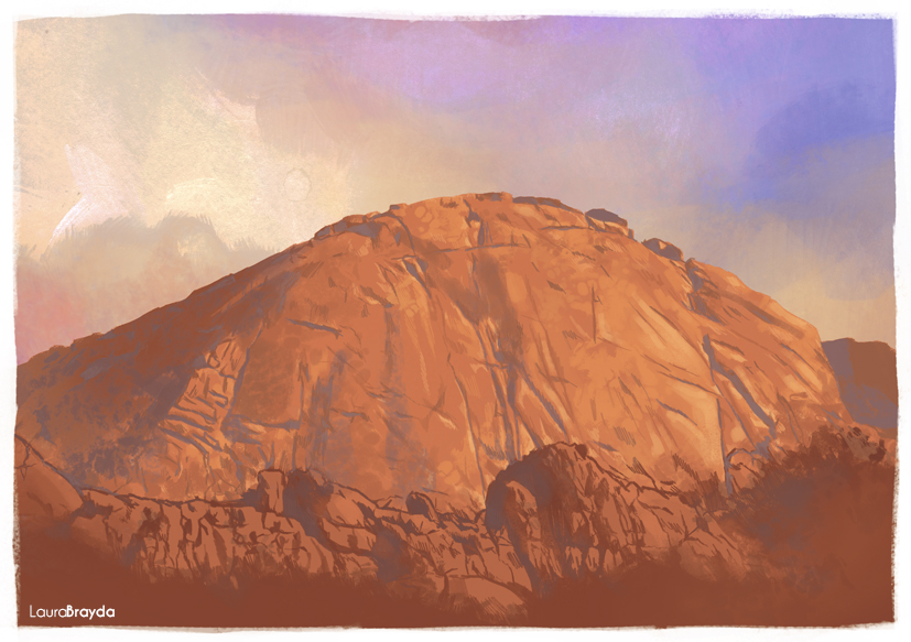 Ilustración postal de la montaña del Yelmo al atardecer, Madrid, por Laura Brayda.
